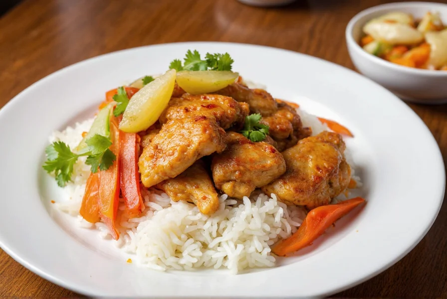 Lemon pepper chicken served over steamed rice with pickled vegetables on white ceramic plate