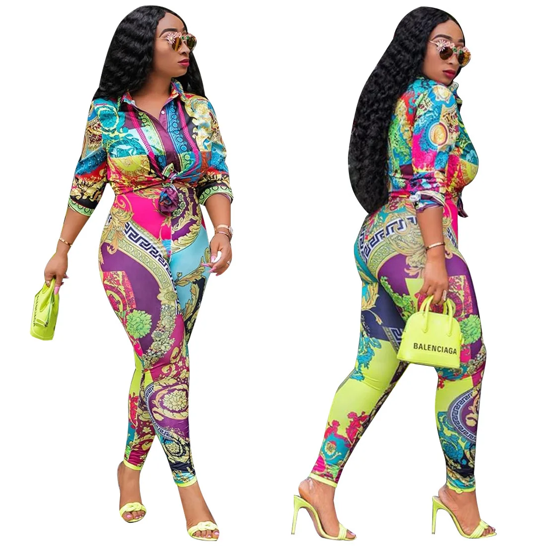 

pakaian Hot sale 2021 new style floral printed shirt&skinny trouser women two pieces set multicolor set Terno