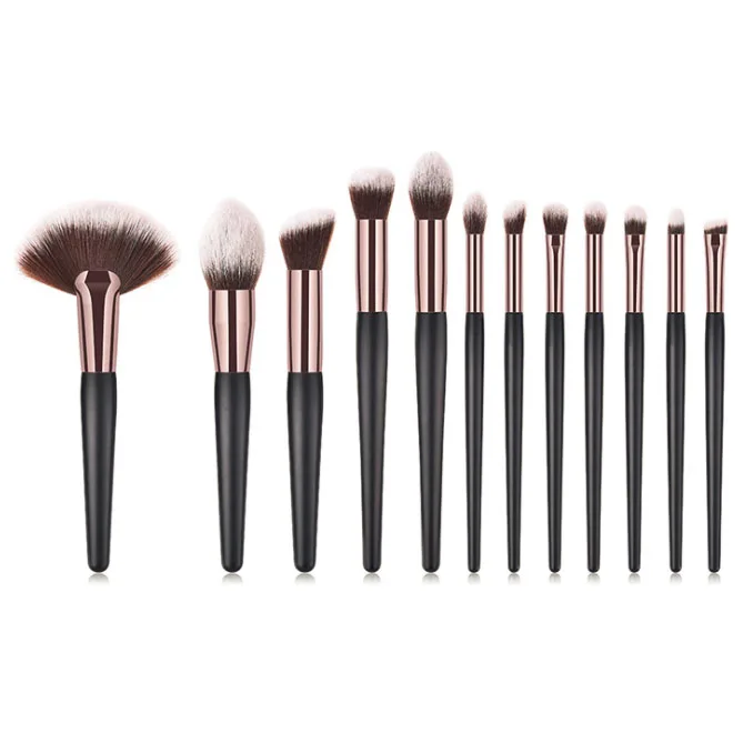 

12PCS black rose gold makeup brush set black wood handle matt rose gold synthetic hair cosmetics brushes set
