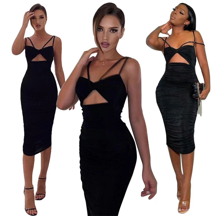 

MD-20022461 women sexy elegant hollow out midi black dress women