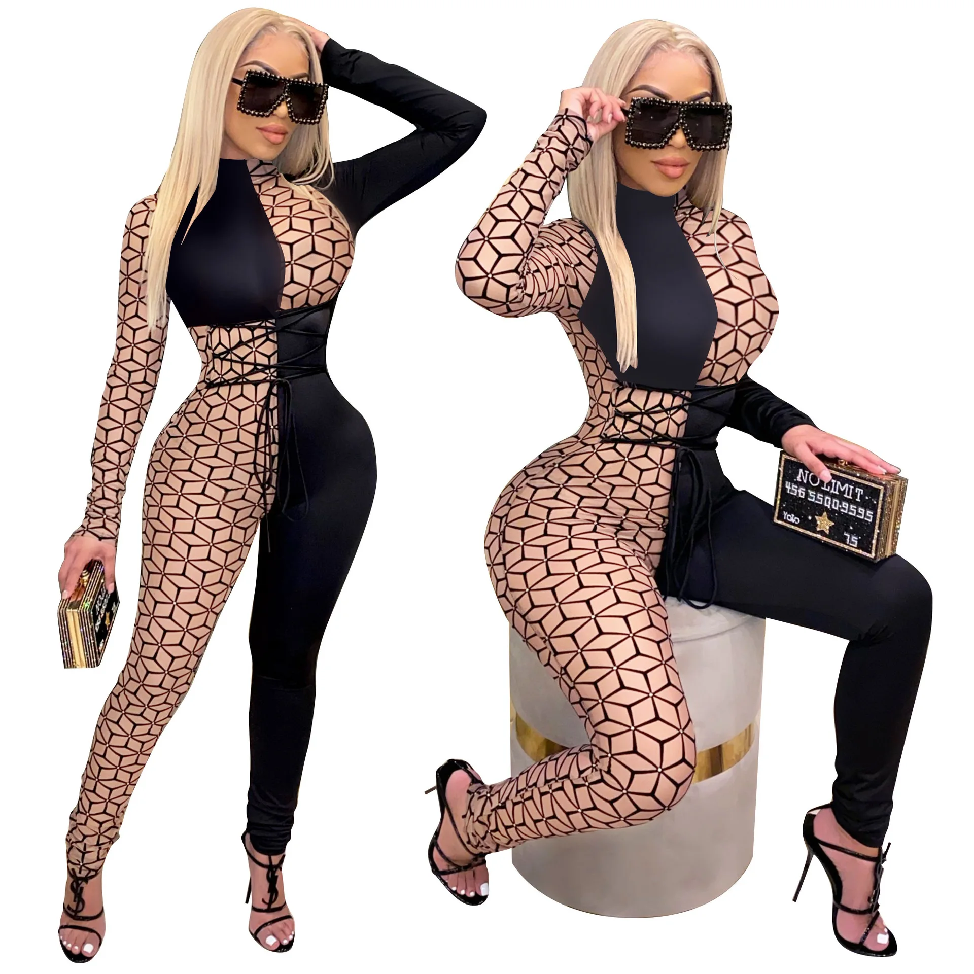 

Best Seller Womens Winter Clothing 2020 Long Sleeve Stitch Bandage One Piece Bodycon Women Jumpsuits And Rompers, 1 colors