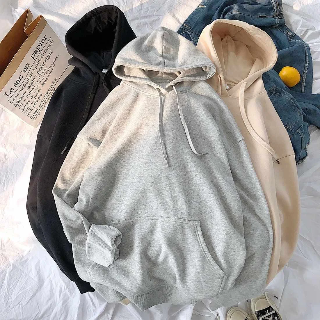 

Plus Velvet Solid Color Sweatshirts Women Harajuku 13 Colors Oversize Hoodie Japanese Korean Style Casual Hooded Pullover Hoody