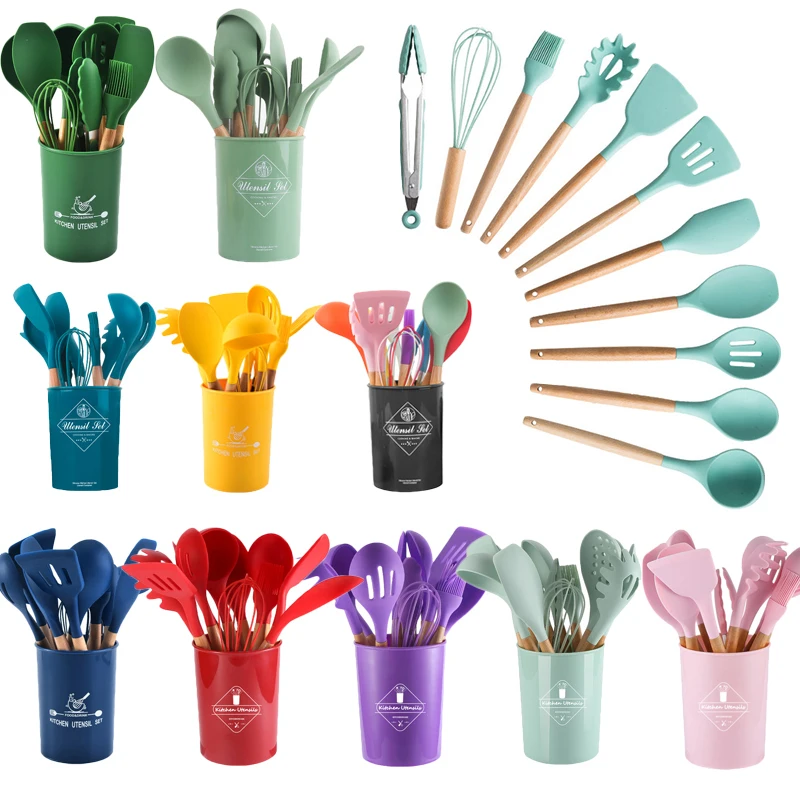

RAYBIN wholesale private label cooking conina Non-Stick Heat Resistant wooden 11 12pcs silicone kitchen utensils