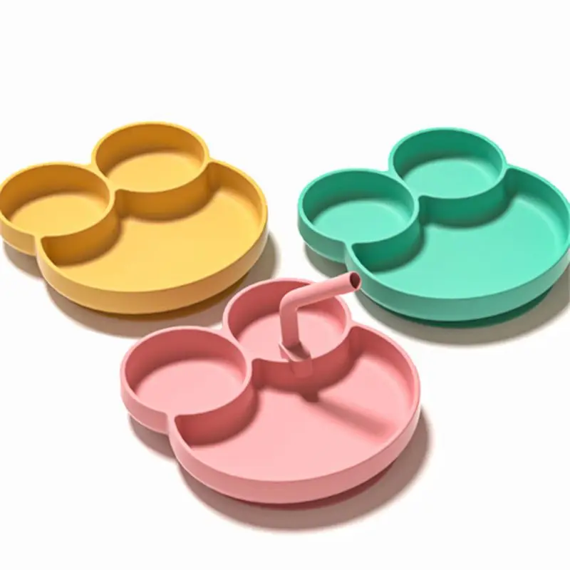 

Hot Sell Color Cartoon Baby Tableware Silicone Suction Divided Baby Food Snack Feeding Plate