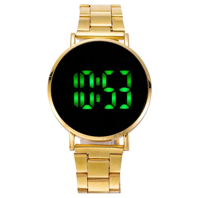 

Luxury touch screen green led display steel strap watch gold round gold color novelty snap wrist band metal band watch