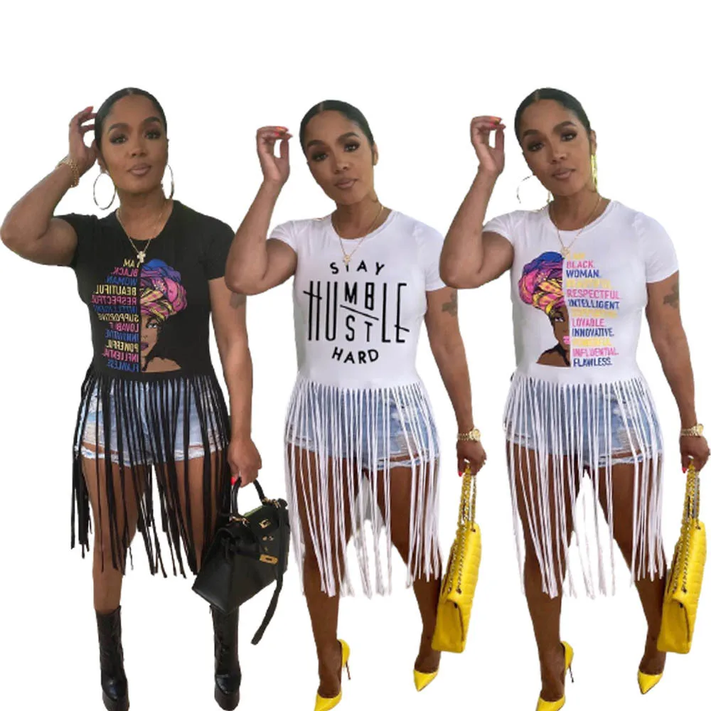 

10425-MX8 popular letter tassel designs women's T-shirts plus size sehe fashion