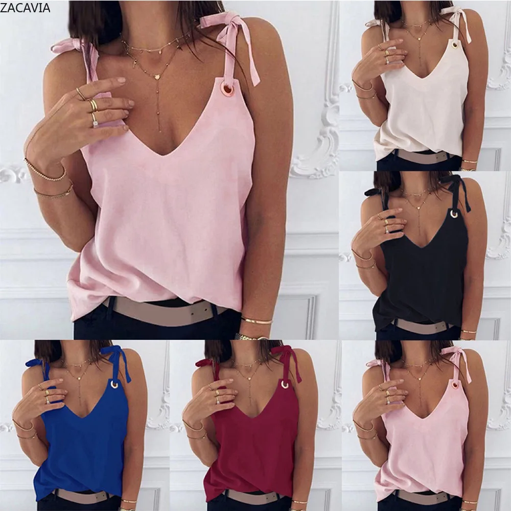 

ZACAVIA 2021 Women Fashion Chiffon Camisole Solid Color Loose V-neck Tank Top Stitching Strap Casual Tank Top, Photo color