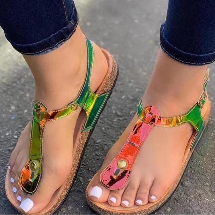 

New summer sandals designs for women glitter laser PU leather cross strap flip toe throng crok sole ankle buckle flat sandals, Picture show , squine colors