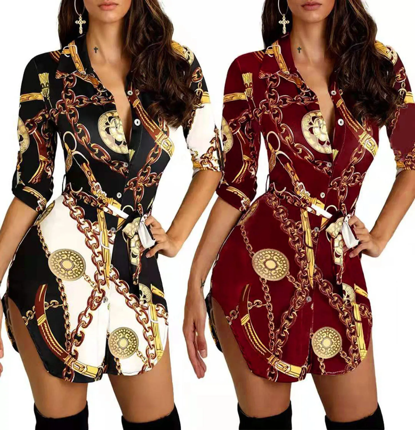 

2021 European and American New Sexy Summer Womens Bodycon Casual Long Sleeve Shirt Chain Dress Lady Night Club Dresses, Picture color