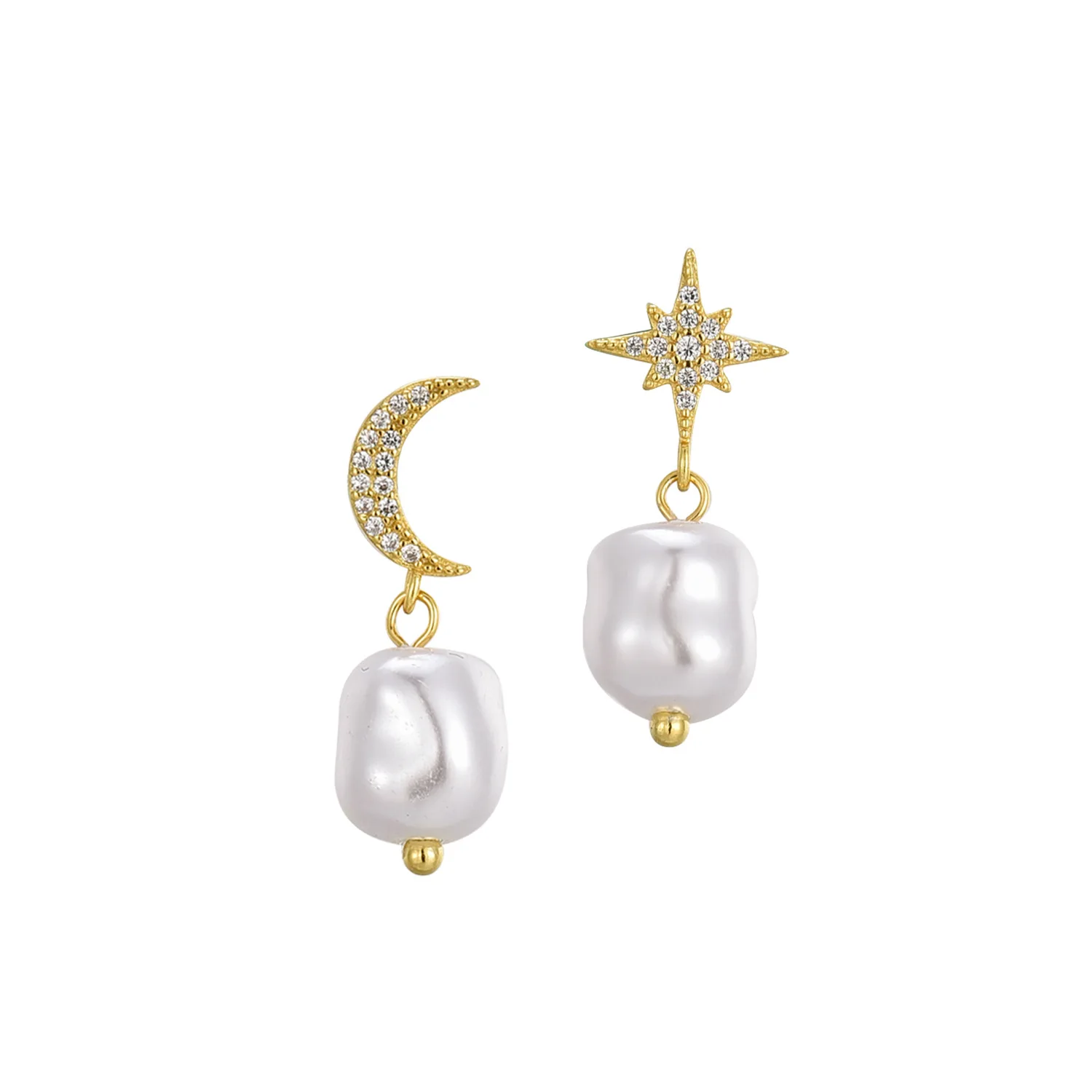 fine jewelry silver earring women gold plated 925 sterling silver star and moon stud earring natural pearl drop silver earrings