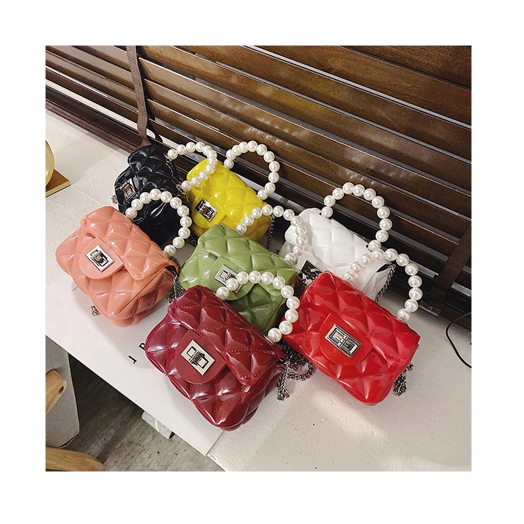 

Cute Mini Pearl Handle Small Square Purses Women Jelly Handbags PVC Diamond Lattice Chain Crossbody Bag Girls Mini Clutch Wallet