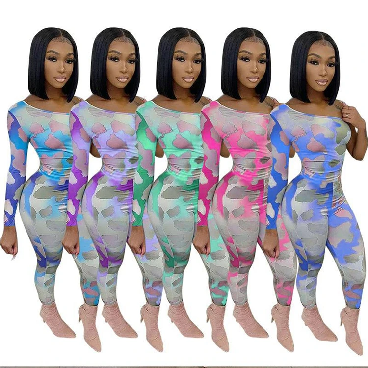 

DUODUOCOLOR 2021 fashion summer sexy printing one piece outfit dew shoulder womens bodycon jumpsuit long sleeve D97536, Purple, green, deep blue, sky blue, rose