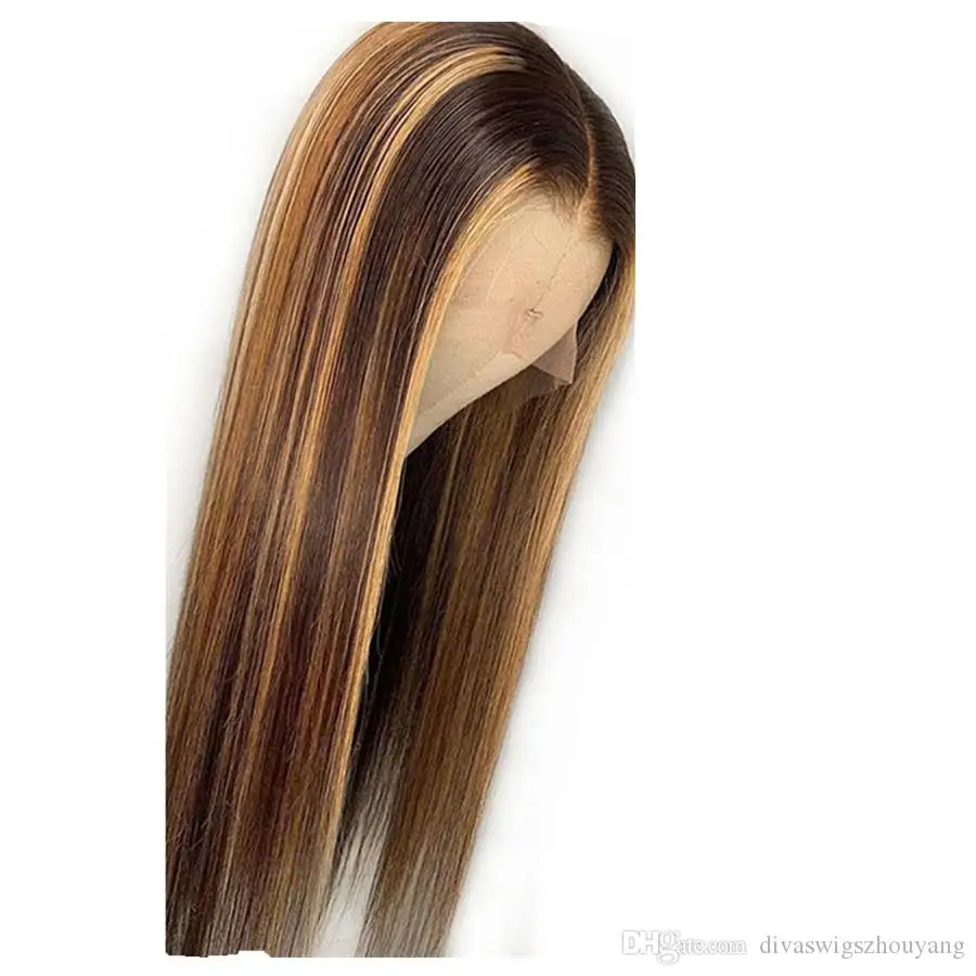 

Ombre Highlight Wig Brown Honey Blonde Colored HD Whole Lace Front Human Hair Wigs Straight Full 360 Frontal Wiges Remy