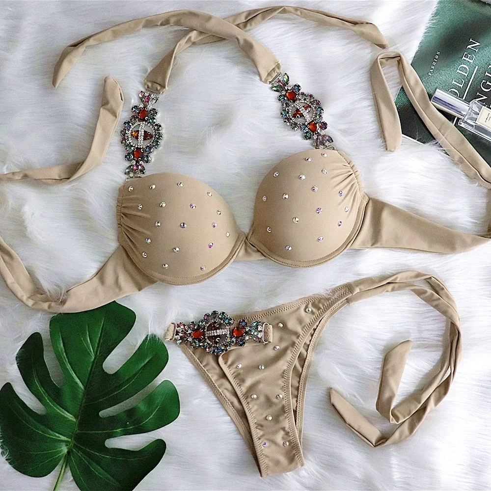 

B24671A Wholesale swimsuit new bandage female swimsuit sexy crystal diamond bikini, Khaki