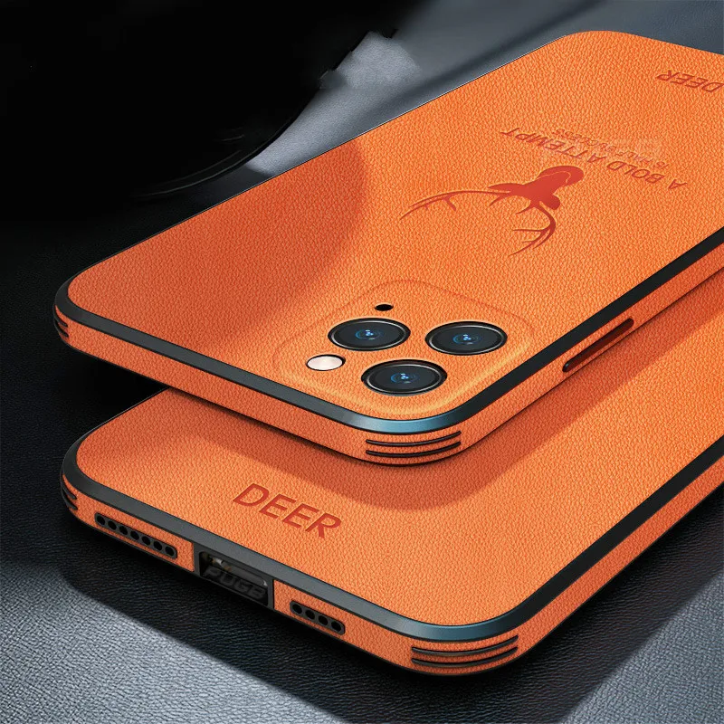 

Luxury Leather Texture Square Frame Case on For 12 11 Pro Max Mini X XR XS Deer Camera Shockproof Cover