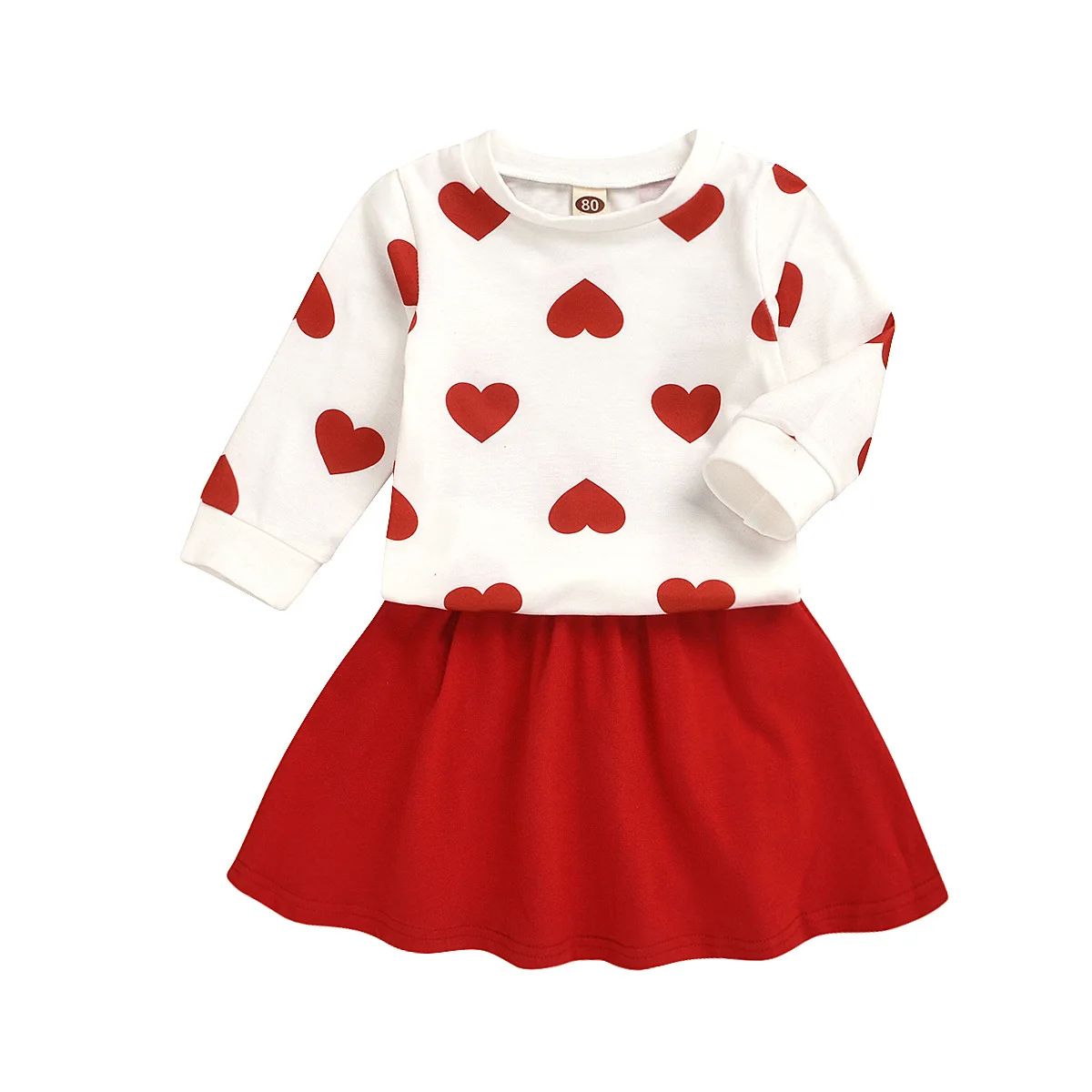 

Spring Fashion Round Neck Peach Heart Long Sleeve Cute Girl Skirt Kids Clothing Sets, Red