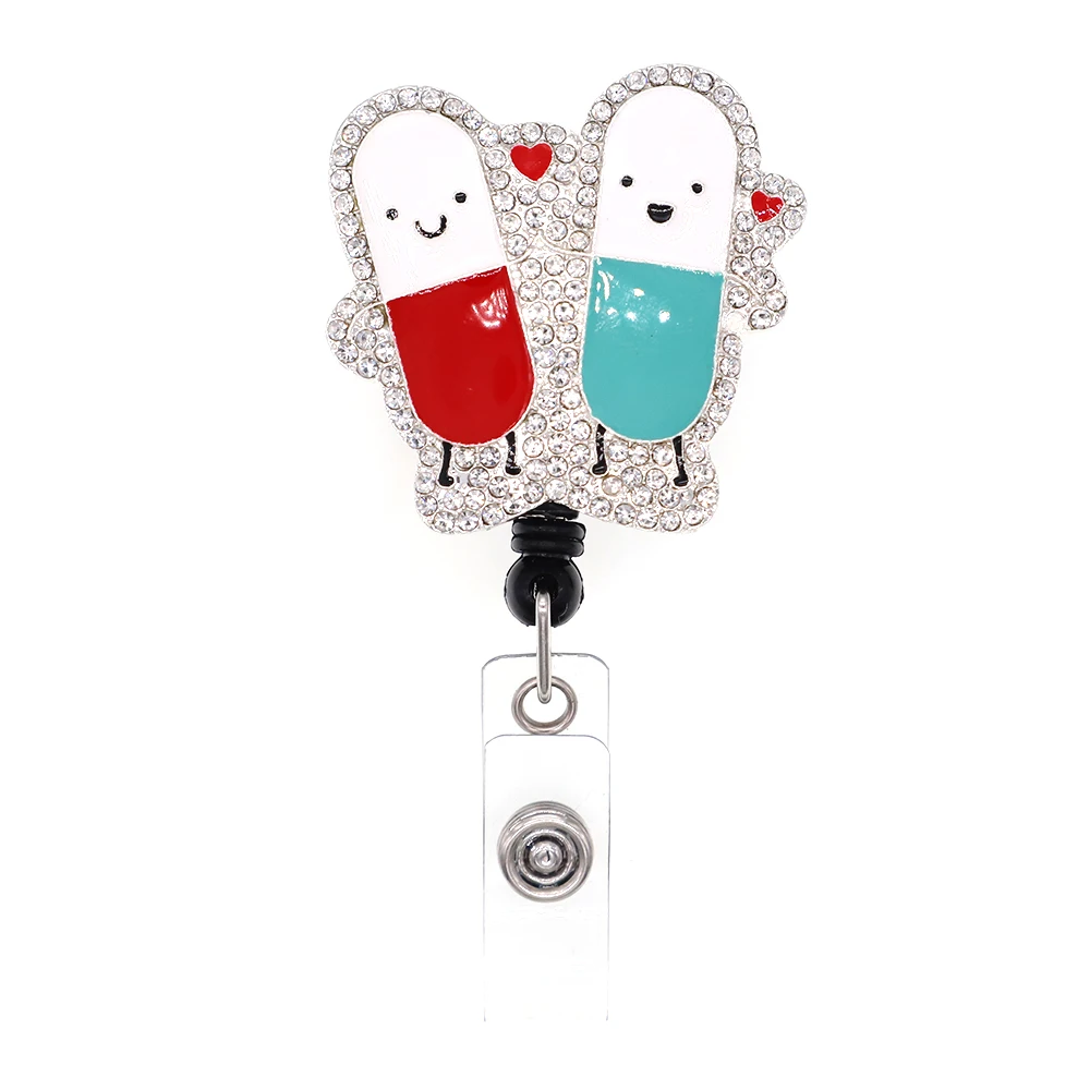 

Medical lovely cartoon pills silver plated rhinestone enamel nurse/doctor ID Badge Holder reel retractable, As picture