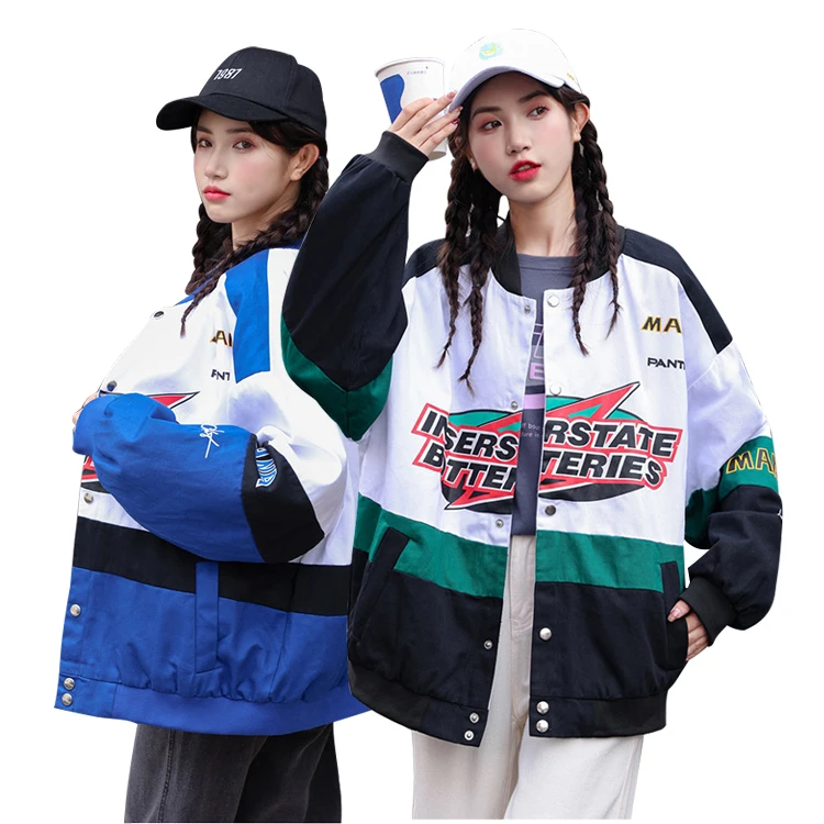

Blue Green Oversize Logo Print Baseball Bomber Racer Jacket Coat Women Casual Hip Hop