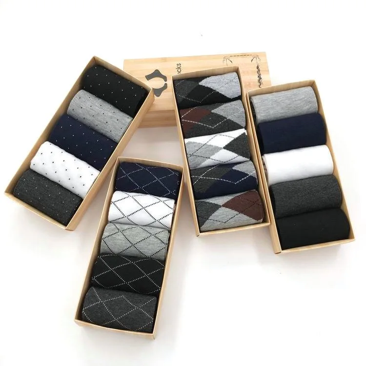 Autumn fashion plaid pure color 5 pairs gifts box cotton men socks