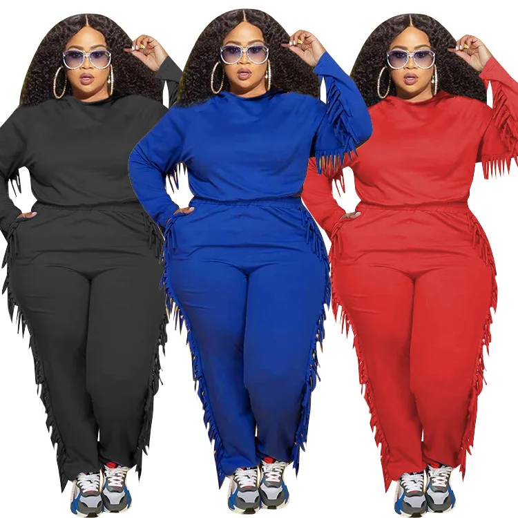 

Plus Size Women Clothing New Solid Color Tassel Hoodie Set Casual Two Piece Pants Set Sweatshirt Guangzhou Knitting Adults Ankle, Picture color