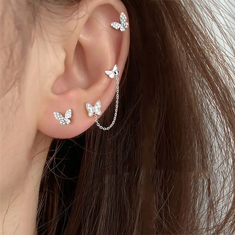 

ENSHIR 2021 New Arrivals Butterfly Link Chain Stud Earrings for Women Double Hole Earrings, As picture