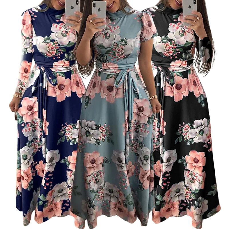

2021 spring fall style long/short sleeve dress woman clothing ladies floral print elegant casual long maxi dress, 6 color