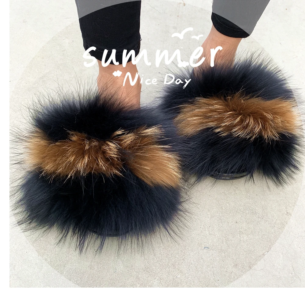 

Custom Logo Indoor Eva Sole Slide Sandal Colorful 100% Racoon Fur Slipper, Customized color