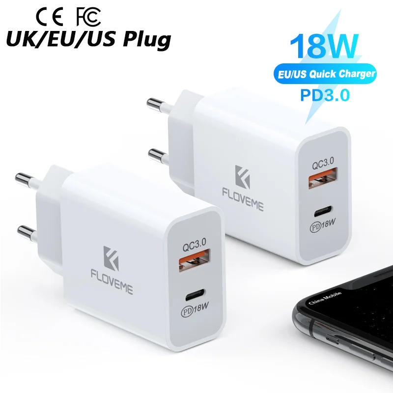 

DHL 1 Sample OK CE FCC Phone Accessories FLOVEME EU US UK 18W PD Fast Mobile Phone Wall Charger Travel Adapter