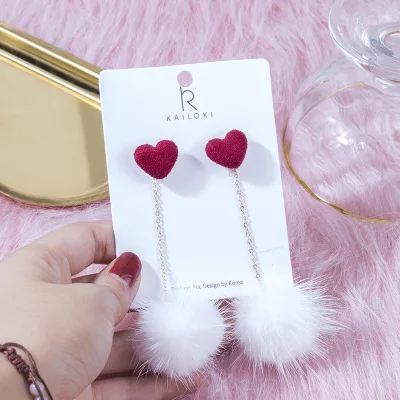 

New Arrival Winter Jewelry Red Heart Fur Ball Drop Earrings White Mink Pompom Ball Earrings for Women