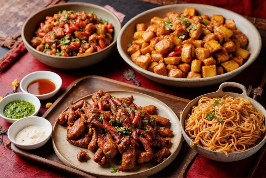 Authentic Chinese chili dishes including Mapo Tofu, Kung Pao Chicken, and Dan Dan Noodles arranged on a traditional Chinese table setting