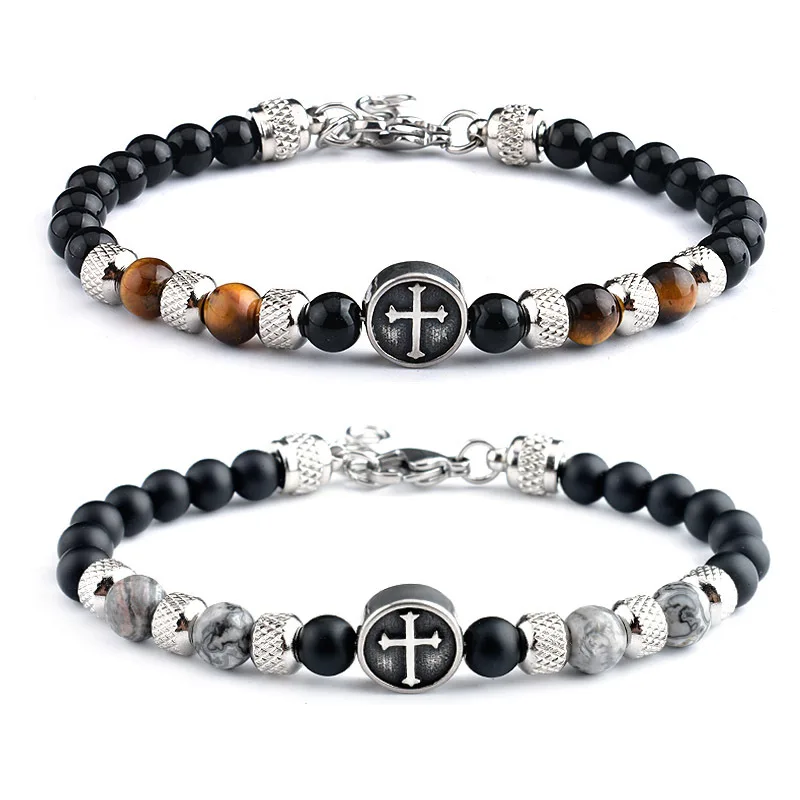 

Pulseras De Hombre Piedras Naturales Cross Charm Bracelet Stainless Steel Beads Natural Stone Cross Bracelet For Men