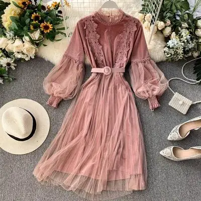 

Elegant Embroidered Lace Velvet Dress For Women