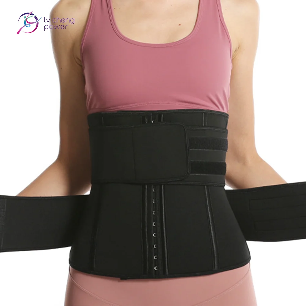 

Waist Cinchers Printing Logo Private Label Women Slimming Workout Compression Double Belt Neoprene Waist Trainer, Black