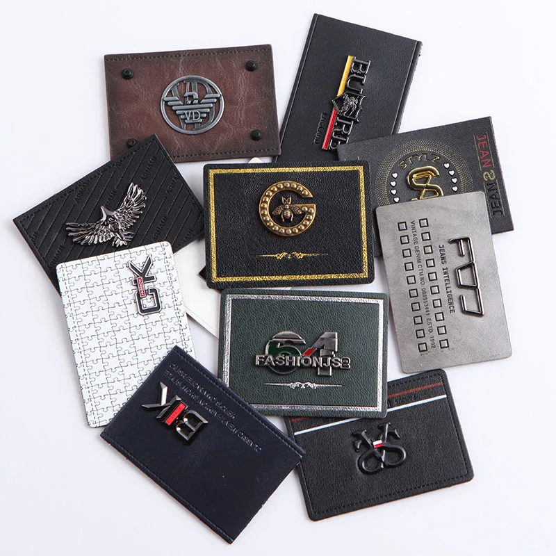

labels maker custom printing brand name two layers fake leather denim patch with metal stamping logo, Pantone color
