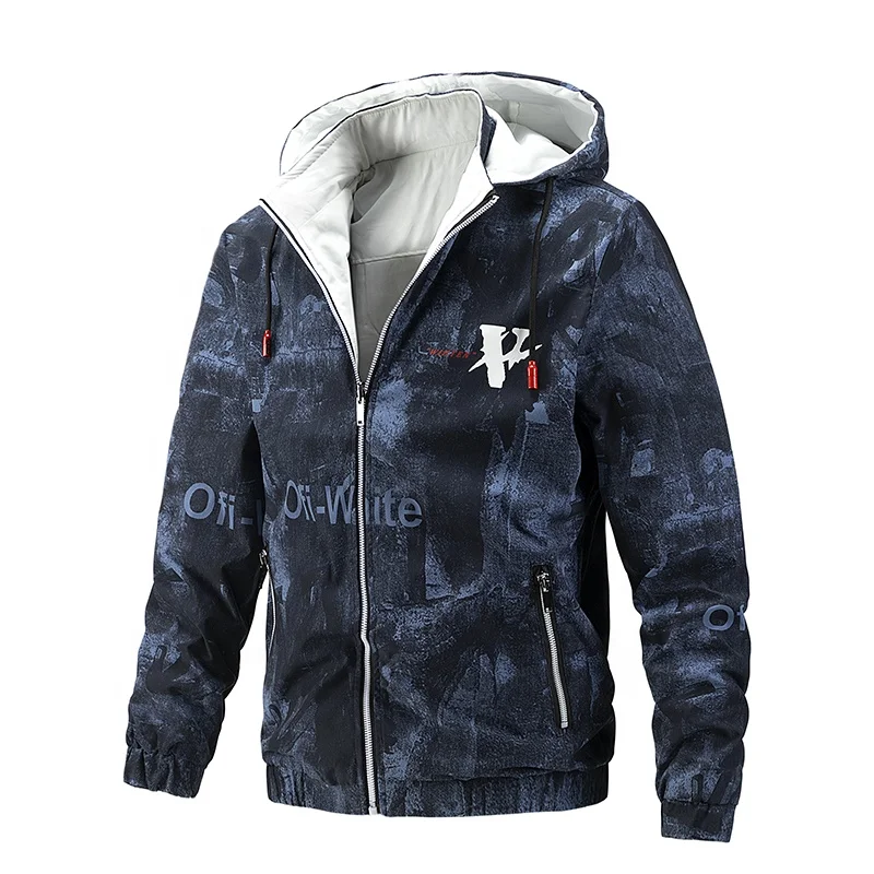 

Winter Jacket Men Letter Print Windbreaker Hoodie Jacket Coat With Zipper Male Double-Sided Casual Coat Men Outwear, As picture