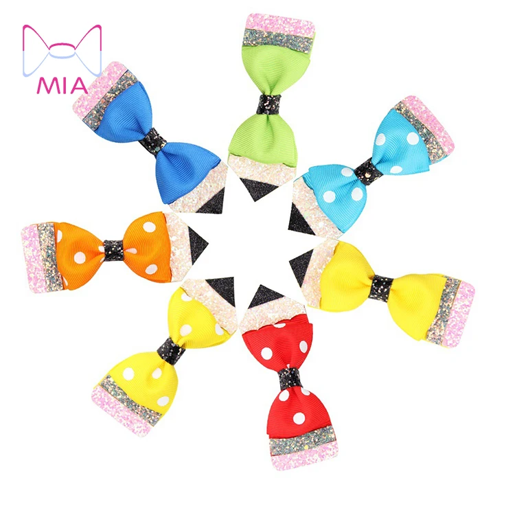 

Free Shipping Little Girls 4 Inch Ribbon Pencil Hair Bow Hairgrips Back To School Hair Accessory Children's Hair Clips, Picture shows