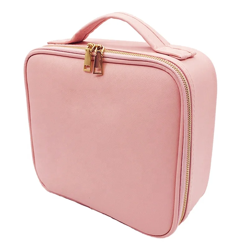 

PU Leather Portable Cosmetic Travel Train Case Pink Makeup Organizer Case with Compartments