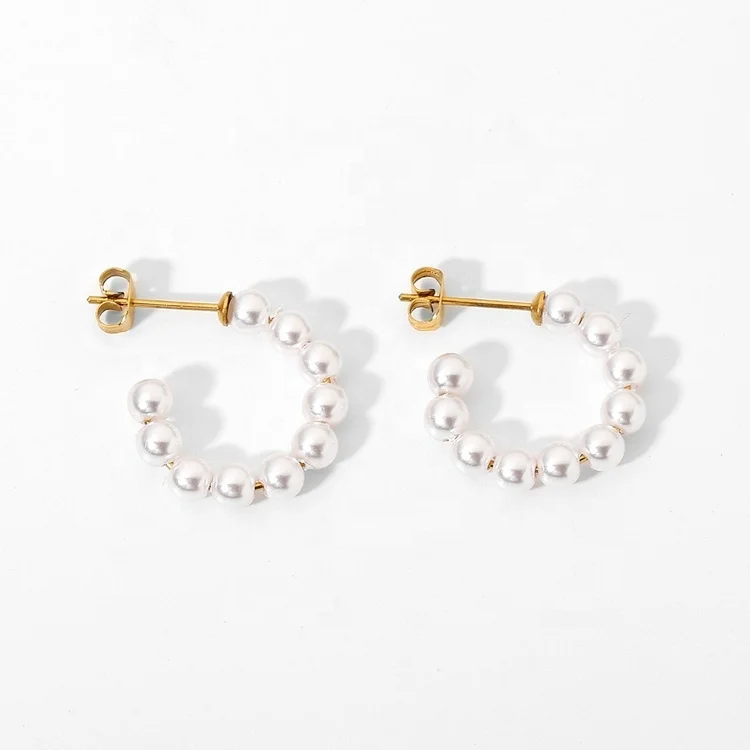 

New 18K Gold Plated Stainless Steel Pearl Beaded C Shape Hoop Earrings For Women Dainty Wearing