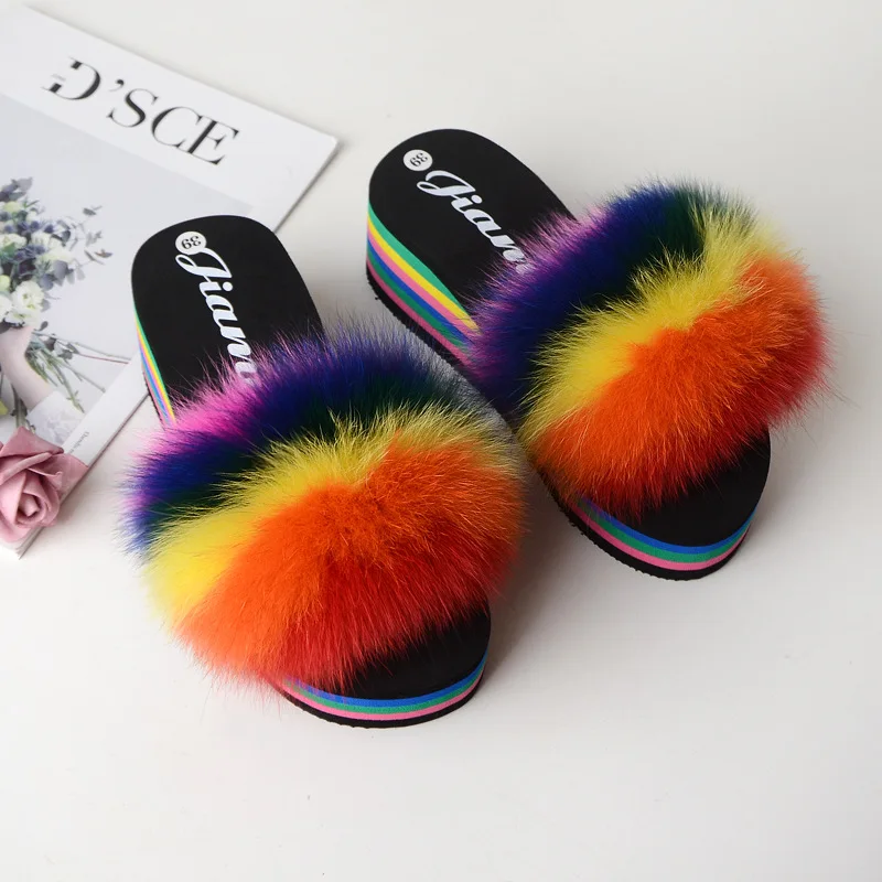 

New fox fur slippers wearing colorful landslide prevention and high-heeled fur fur drag female summer sandals 15% off