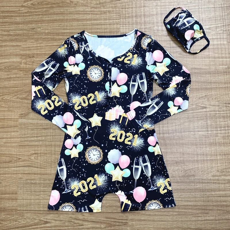 

2021 pyjama vendor full sleeved sexy for women onesie pajamas happy new year onesie for women adult onesie matching facemask, 1colors