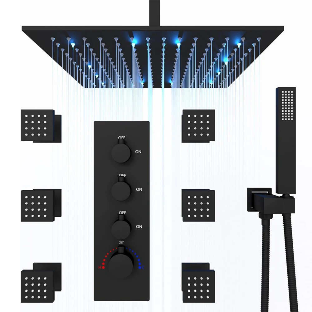

Luxury Black Multi 16inch LED Full Rain Shower Head Rainfall Thermostatic Large Flow shower System set with Body Jets