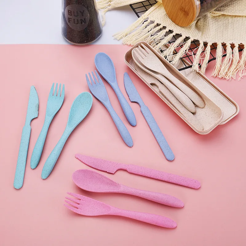 

Portable Wheat Straw Reusable Travel Biodegradable Spoon Fork Knife Cutlery Set, Pink/green/blue/beige