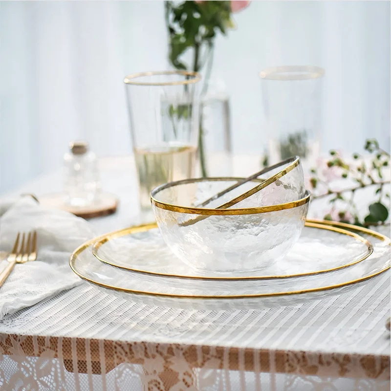 

Hot sale Restaurant Hotels Glass Plate and Bowl Glass With Gold Rim Dinnerware Set