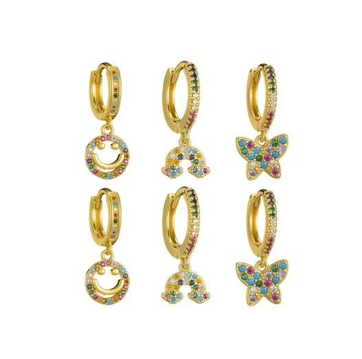 

2021 Handmade Gold Plated Smile Rainbow Drop Butterfly Earrings Huggie Dangle Hoop Earrings for Women, Picture shows