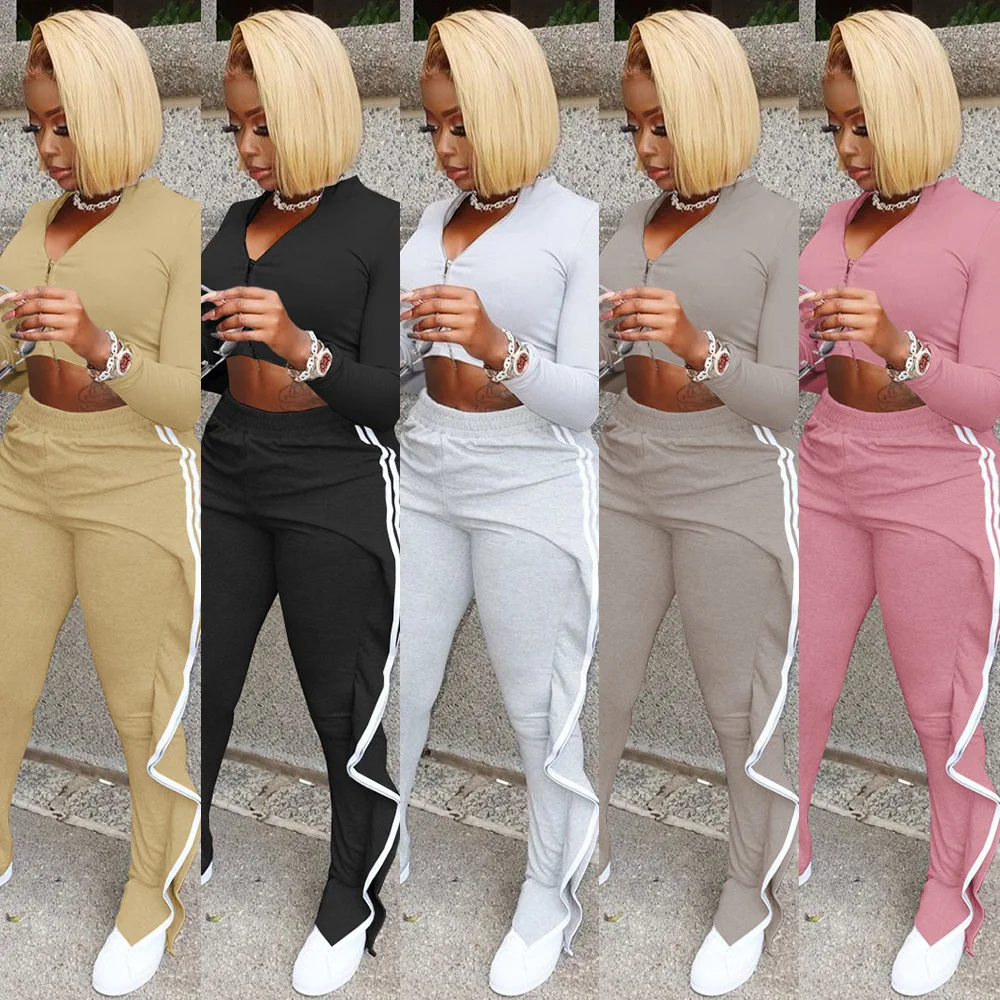 

2021 Solid-color cotton slim zipper lady irregular slit hem pants sport suit women clothing sportswear 2 two piece crop top set, Picture color