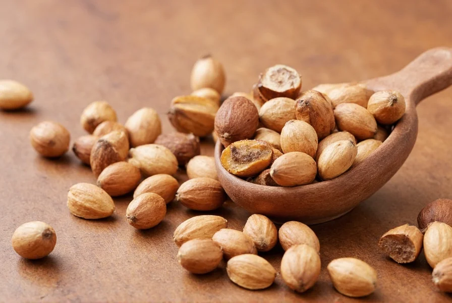 Close-up view of whole nutmeg seeds and ground nutmeg powder showing texture and color