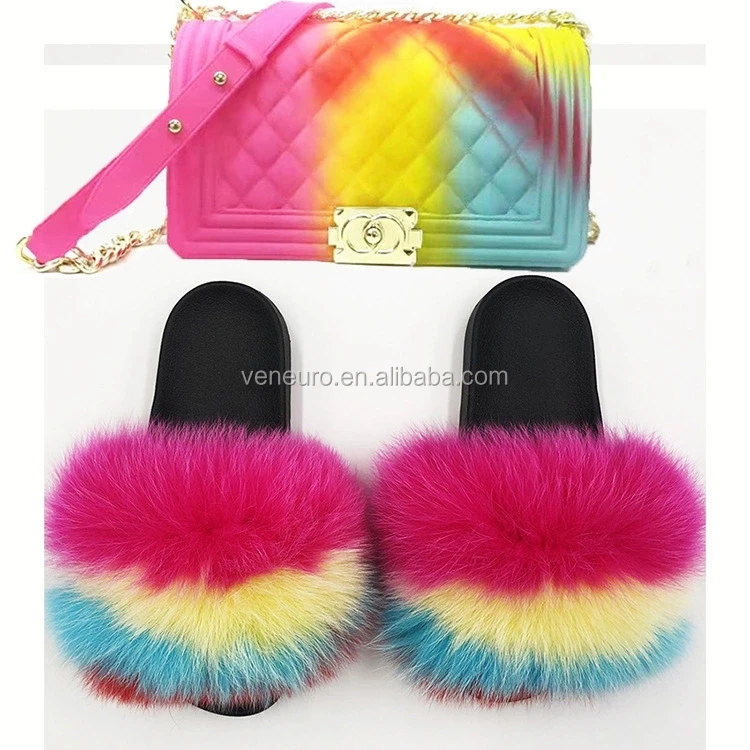

Indoor Outdoor PVC Real big fox fur Slippers Slides Footwear Furry Sandals matched purses set for Women and Ladies, Customized color