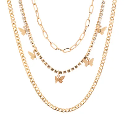 

Trendy Fashion Zinc Alloy Gold Metal Women 3 Muliti Three Layer Pave Claw Crystal Butterfly Necklace Women Jewelry For Girl, Gold color