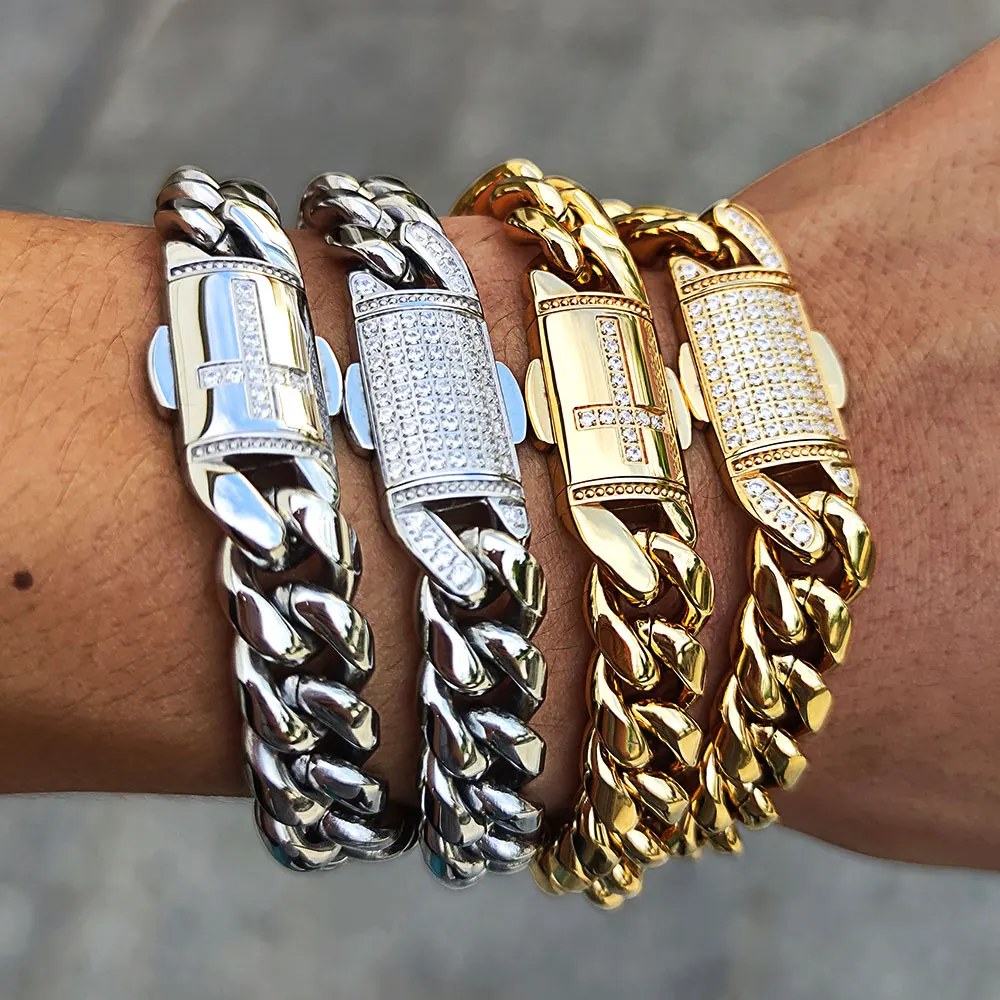 

Hip Hop Chain Mens Gold Bracelets 18k Gold Plated Chain Miami Stainless Steel Cuban Bracelets, Rose gold/black color