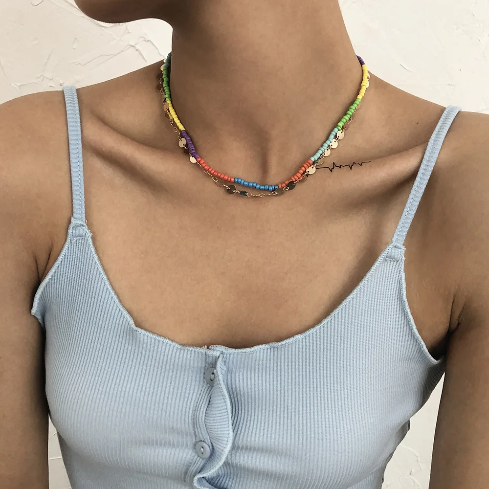 

2021 Sailing Jewelry Retro Bohemian Rice Beaded Necklace Simple Geometric Colorful Beaded Necklace for Women